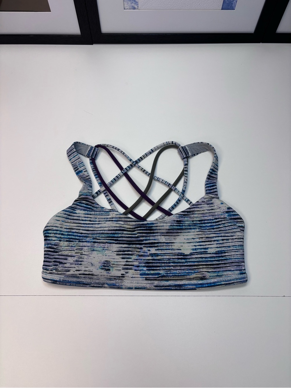 Lululemon Free To Be Bra (Wild) featuring a blue and white abstract blurry print